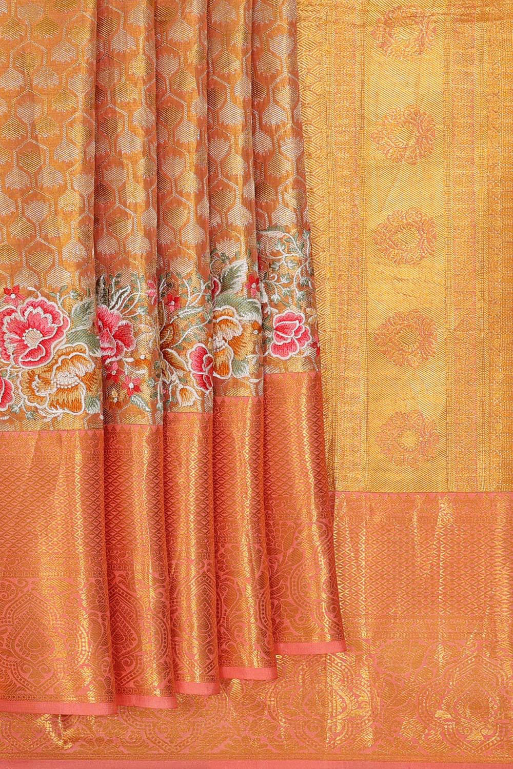 Collection of Kanchipattu Golden Peach Embroidered Saree in a gallery layout