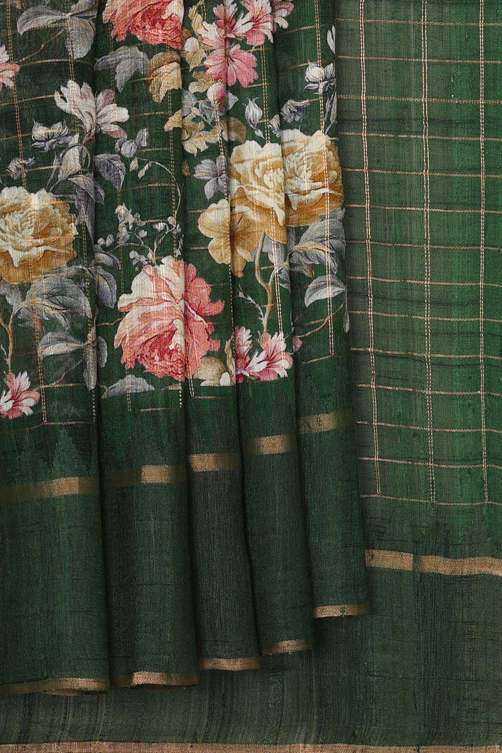 Printed Tussar Jute Bottle Green Saree