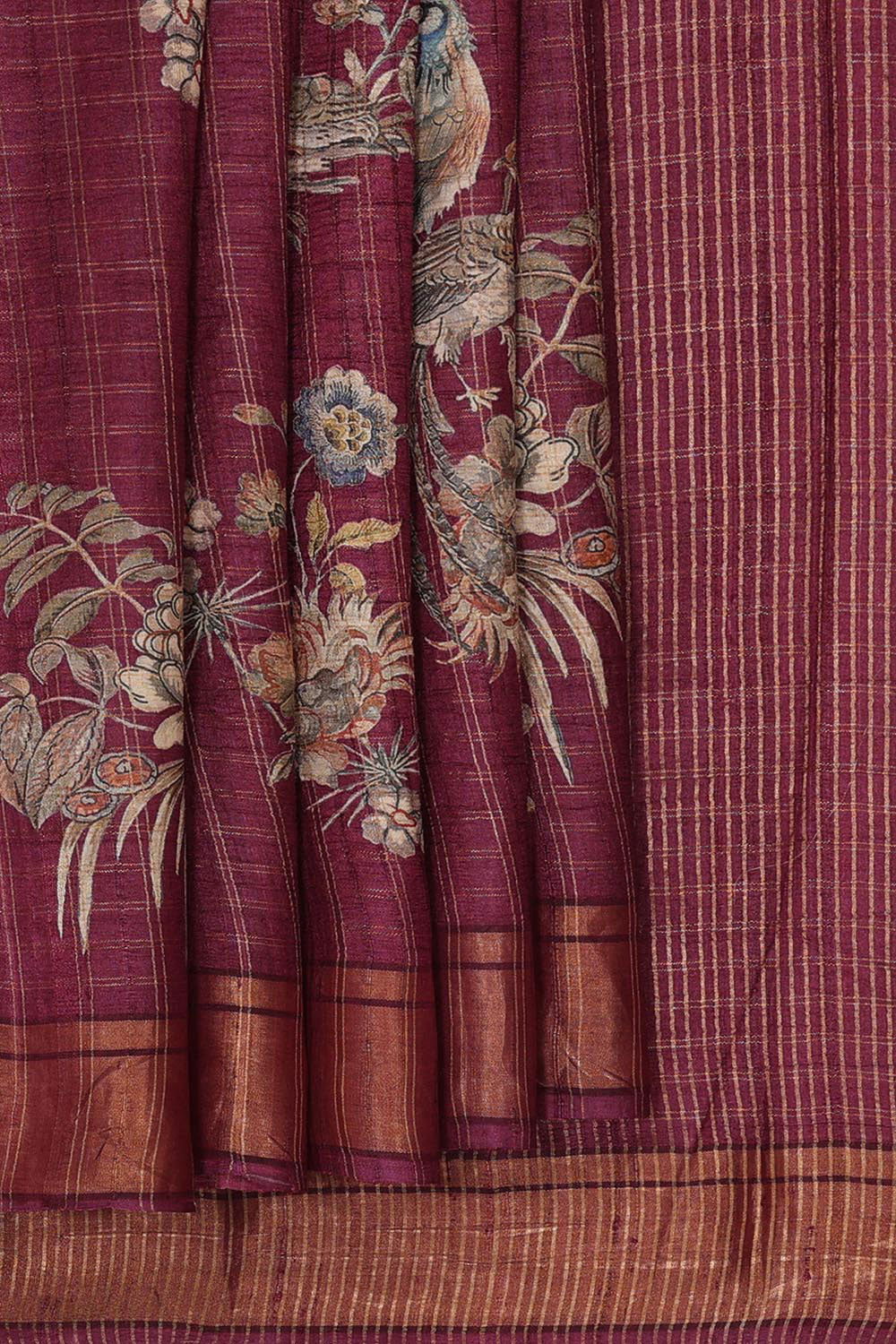 Printed Tussar Silk Wine Colour Saree