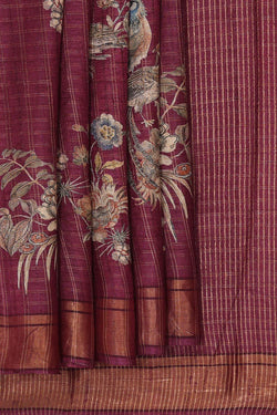 Image of Printed Tussar Silk Wine Colour Saree