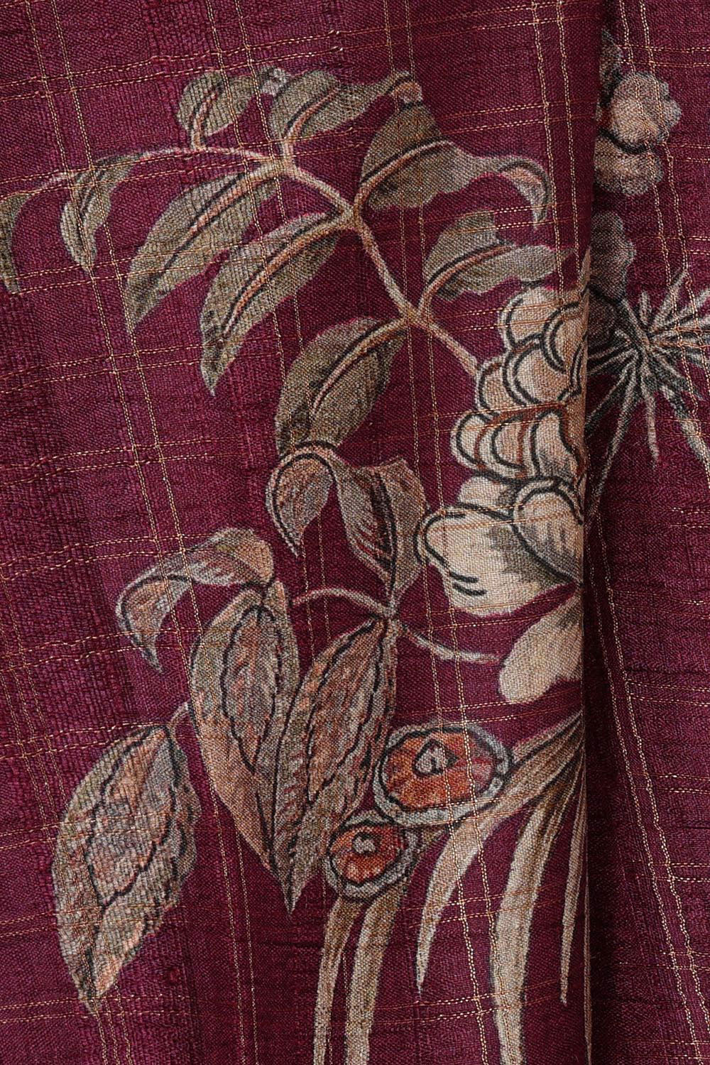 Printed Tussar Silk Wine Colour Saree