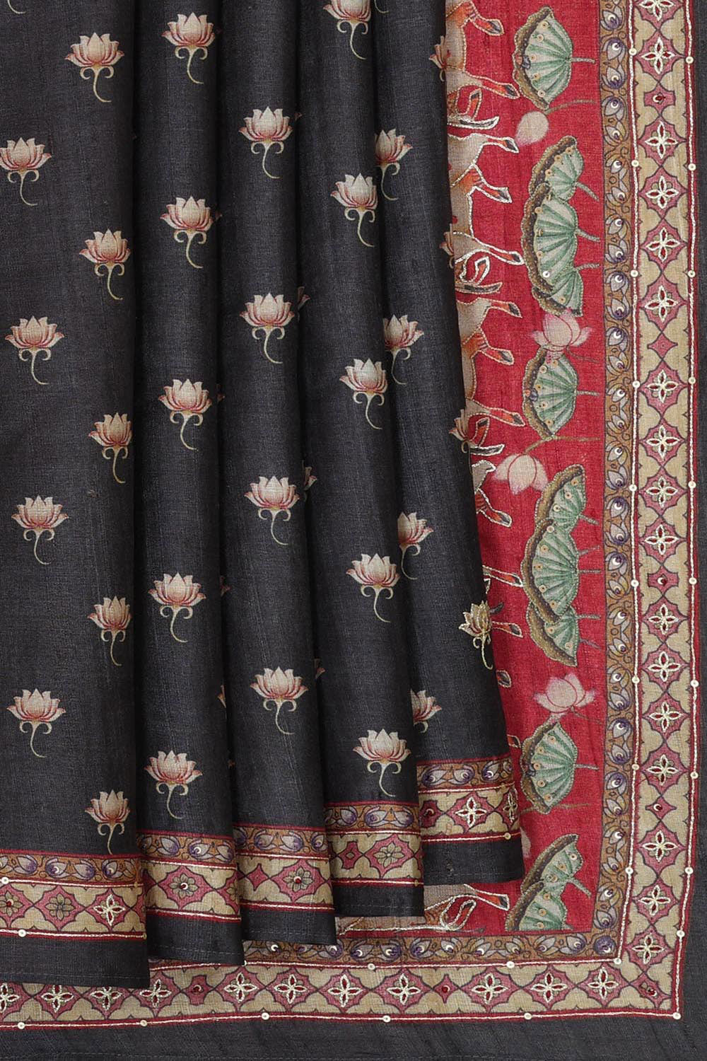 Collection of Tussar Silk Black Saree in a gallery layout