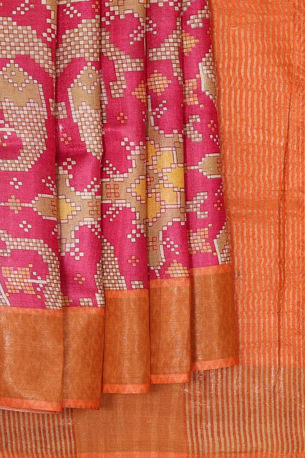 Printed Tussar Silk Rani Pink Saree