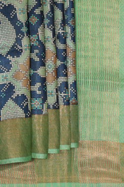 Image of Printed Tussar Silk Navy Blue Saree