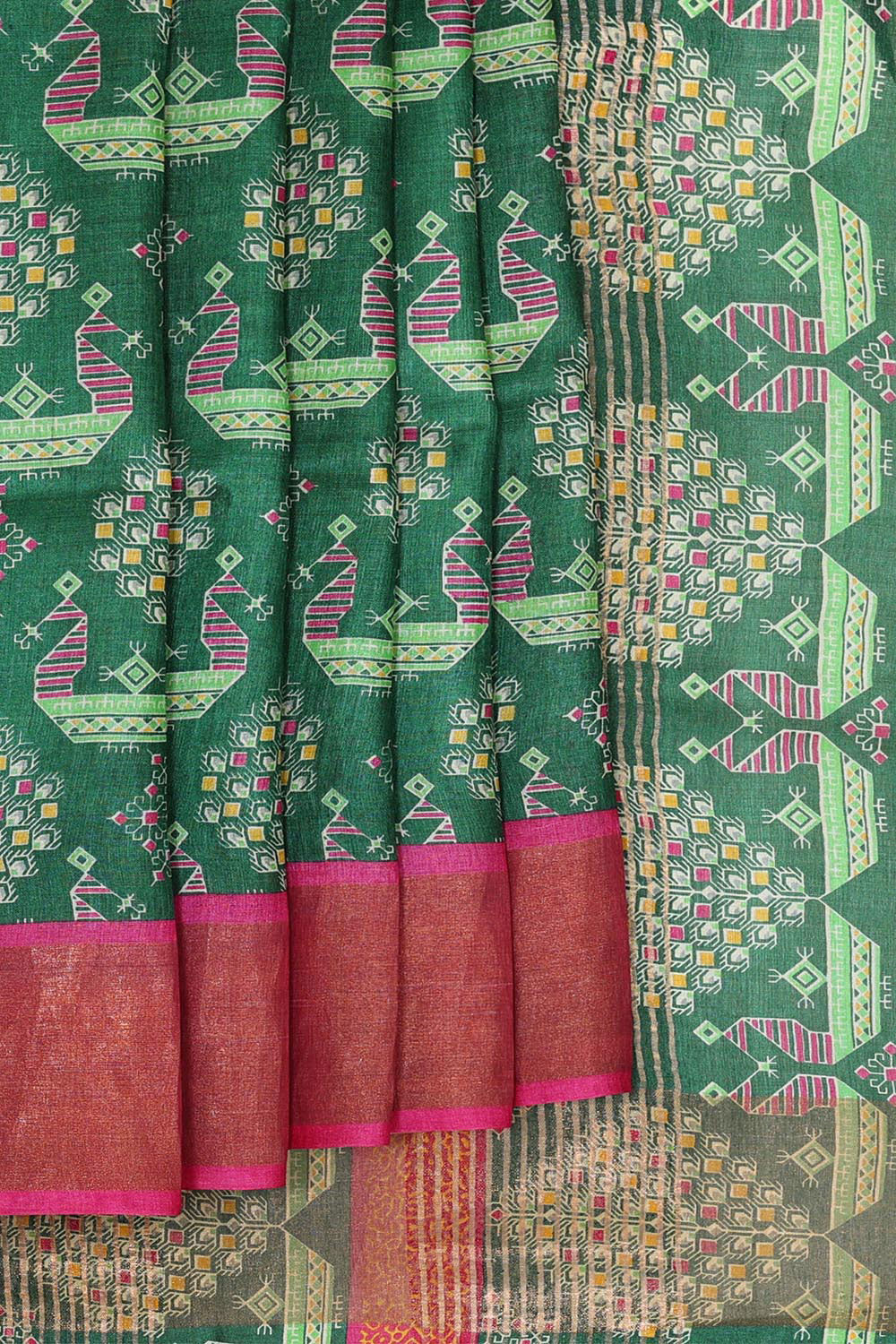 Printed Tussar Silk Emerald Green Saree