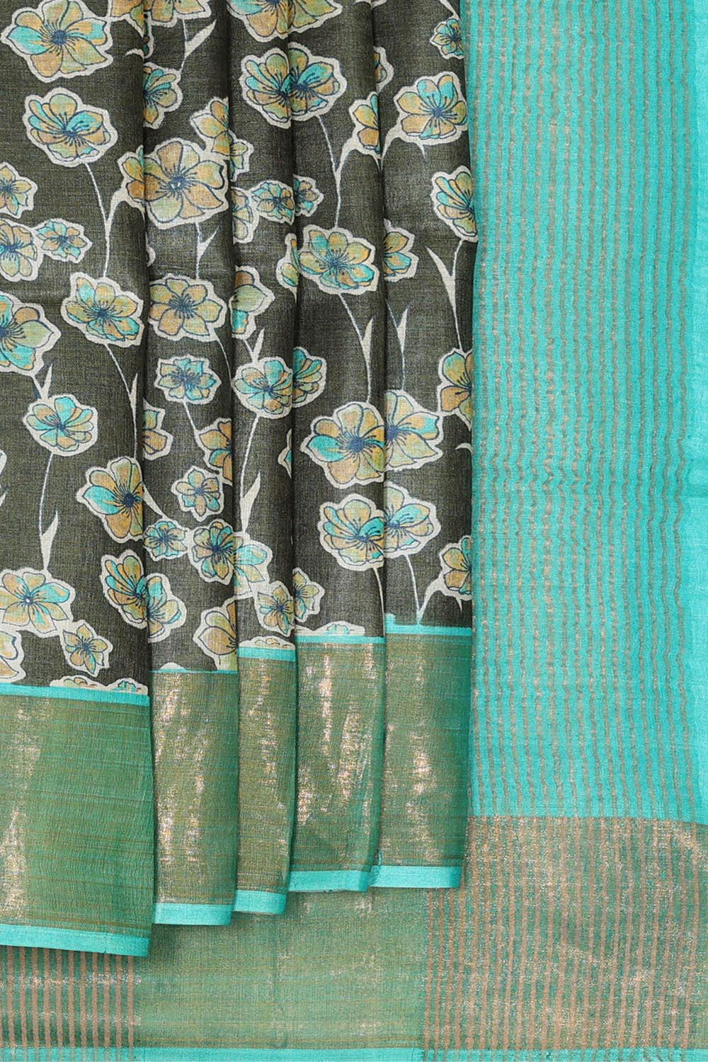 Printed Tussar Silk Dark Olive Green Saree