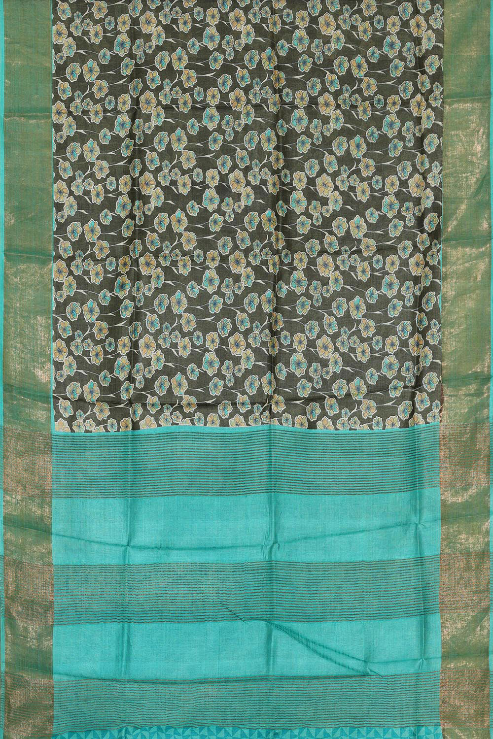 Printed Tussar Silk Dark Olive Green Saree