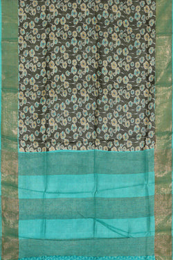 Image of Printed Tussar Silk Dark Olive Green Saree