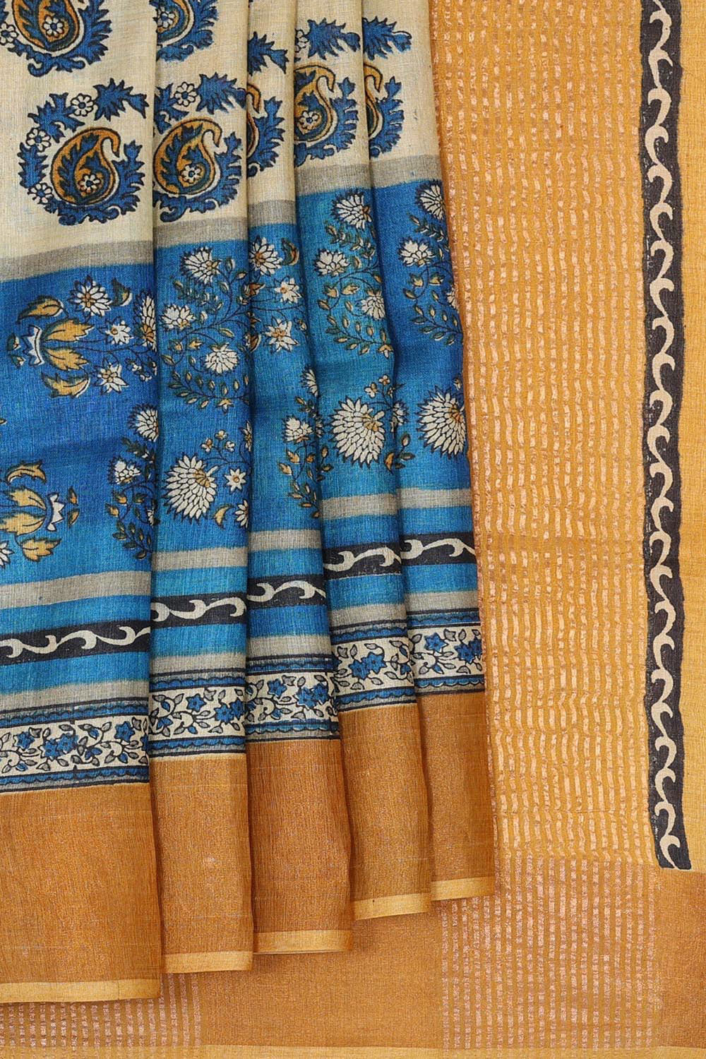 Printed Tussar Silk Cream-Blue Saree