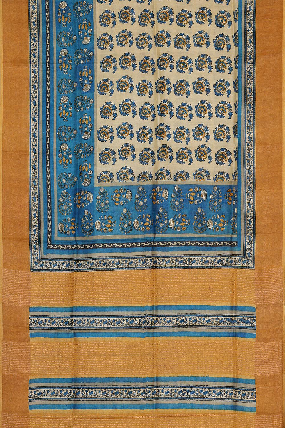 Printed Tussar Silk Cream-Blue Saree