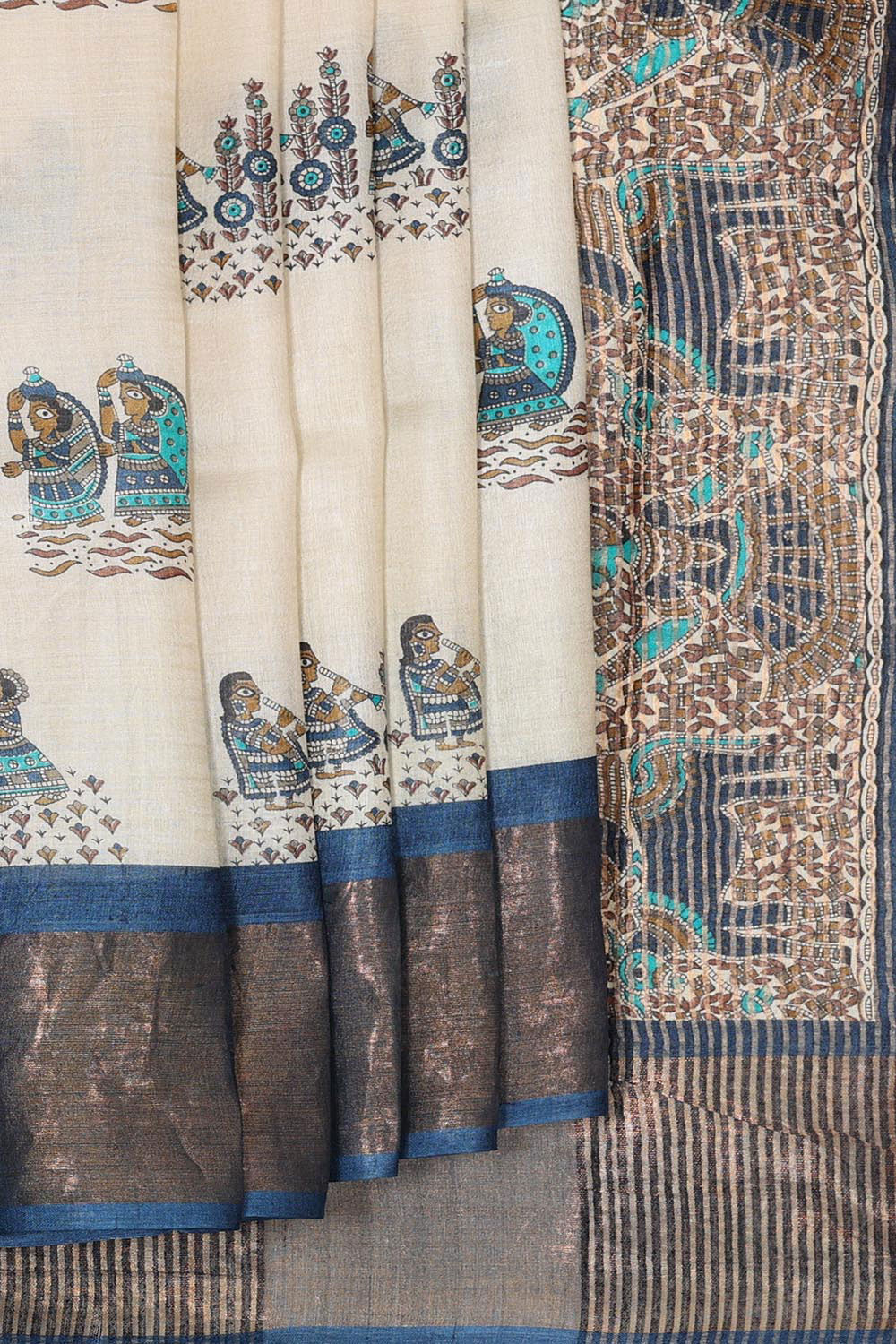 Printed Tussar Silk Cream Saree