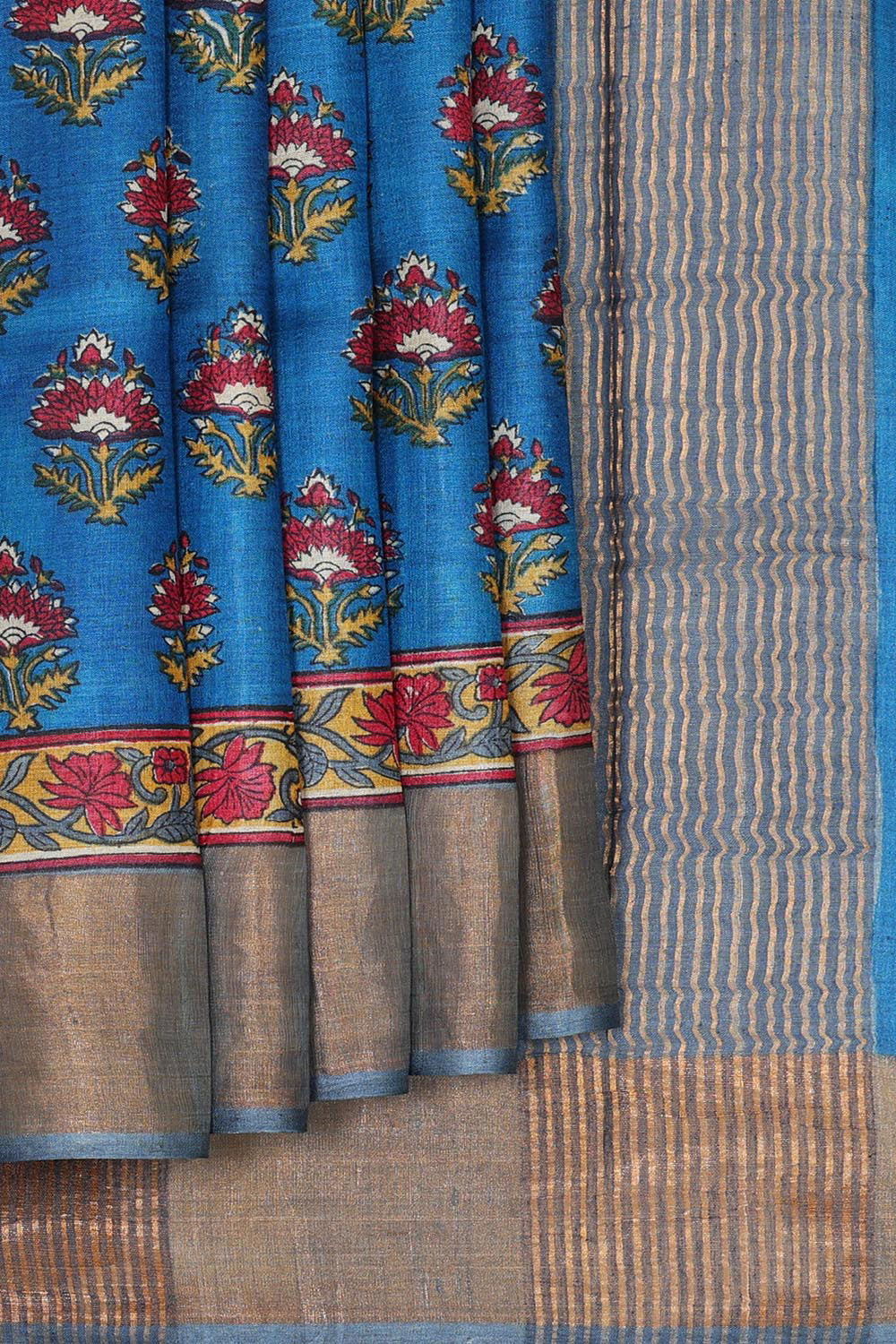 Printed Tussar Silk Dark Blue Saree