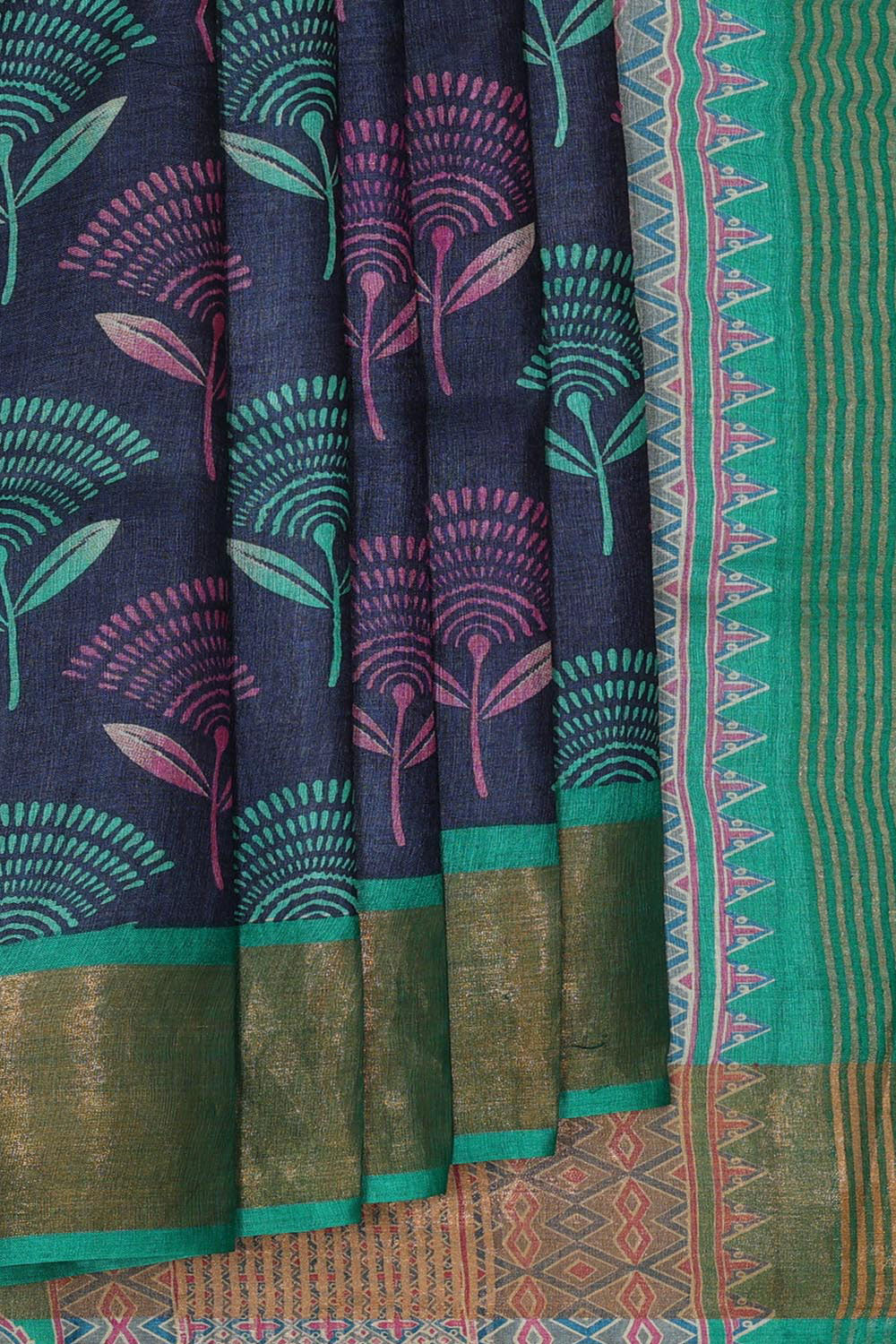 Printed Tussar Silk Navy Blue Saree