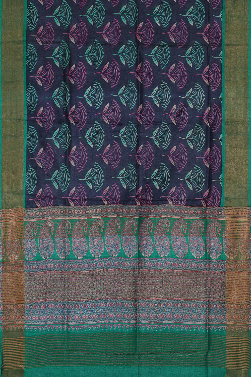 Printed Tussar Silk Navy Blue Saree