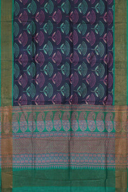 Image of Printed Tussar Silk Navy Blue Saree