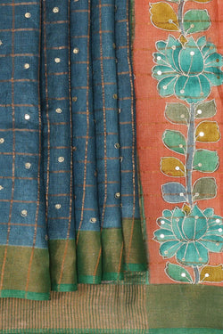 Image of Tussar Silk Peacock Blue Saree