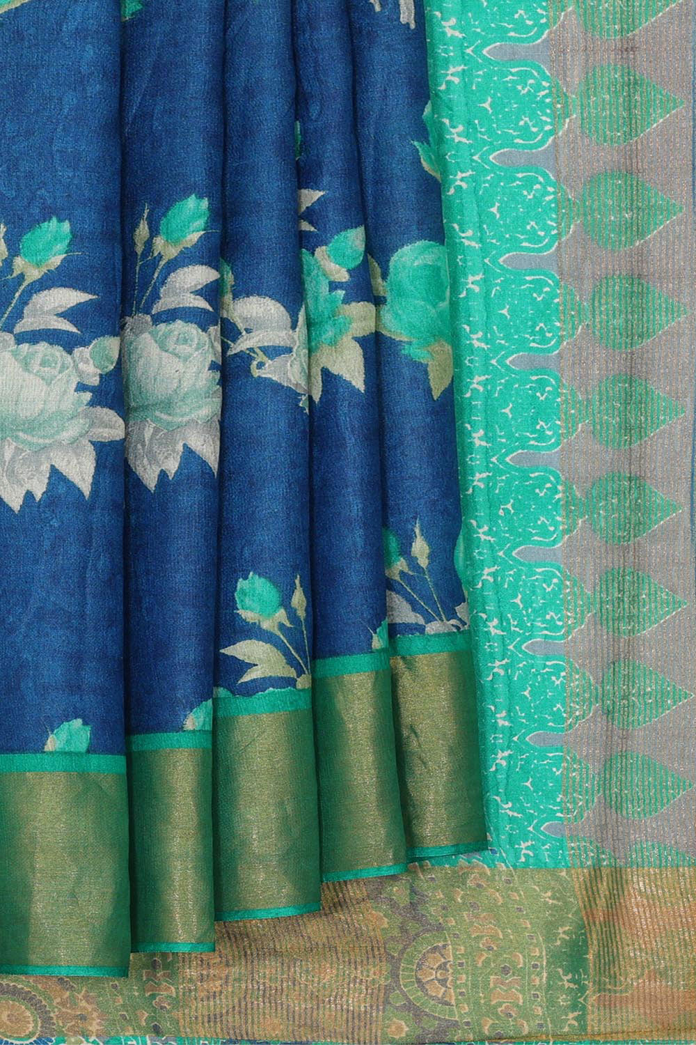 Printed Tussar Silk Royal Blue Saree