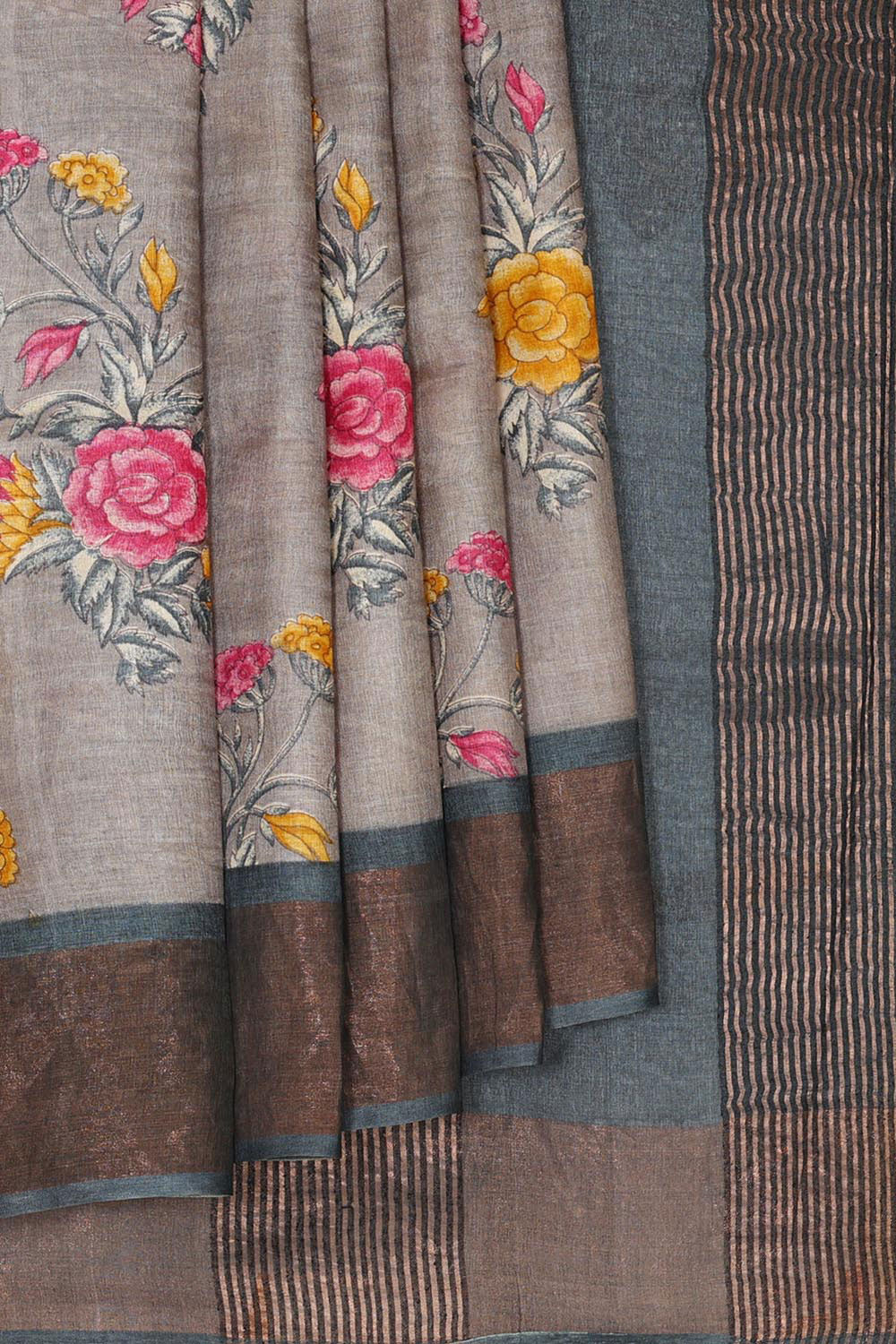 Printed Tussar Silk Creamy Grey Saree