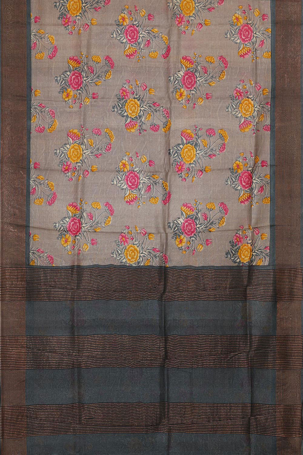 Printed Tussar Silk Creamy Grey Saree