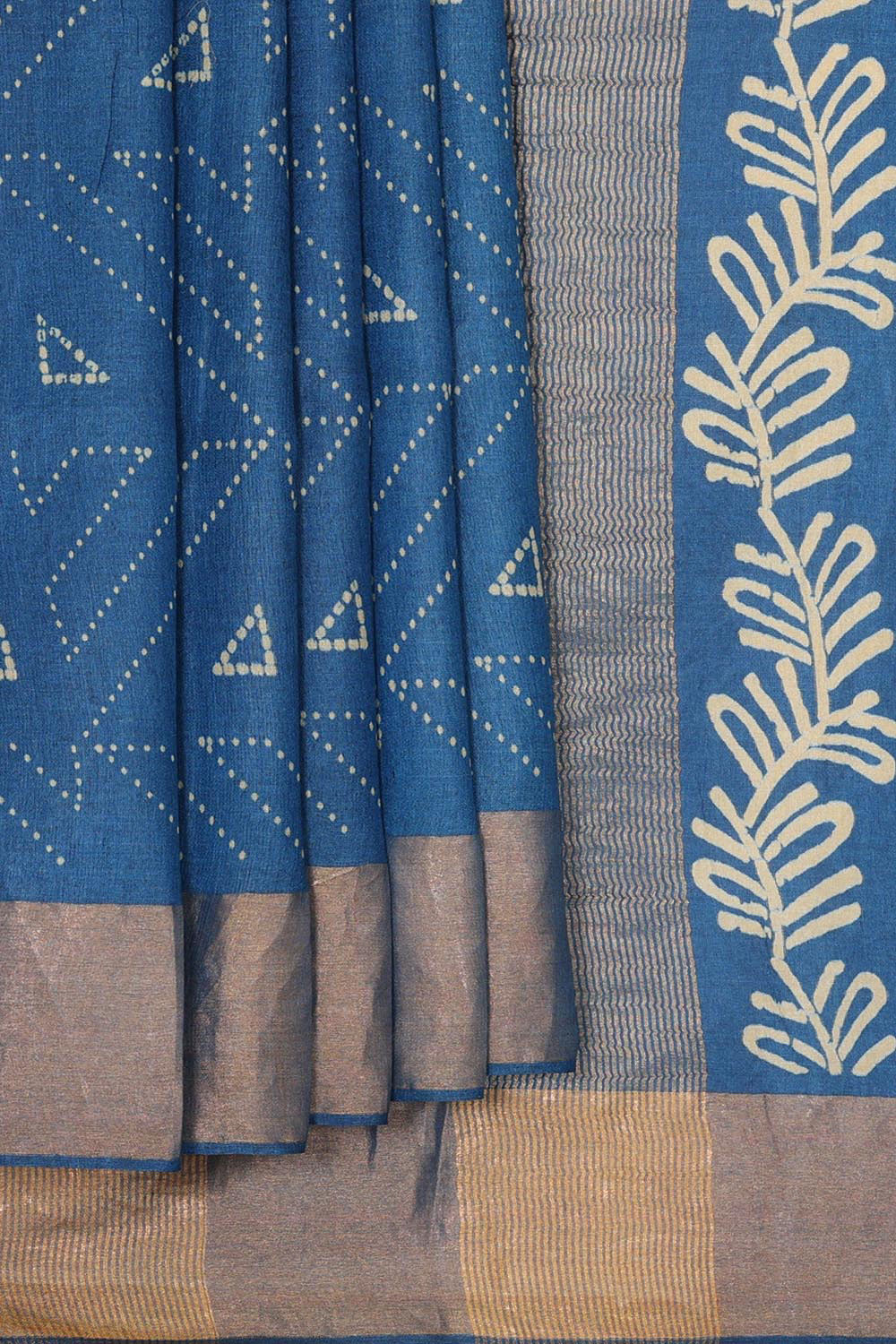 Printed Tussar Silk Dark Blue Saree