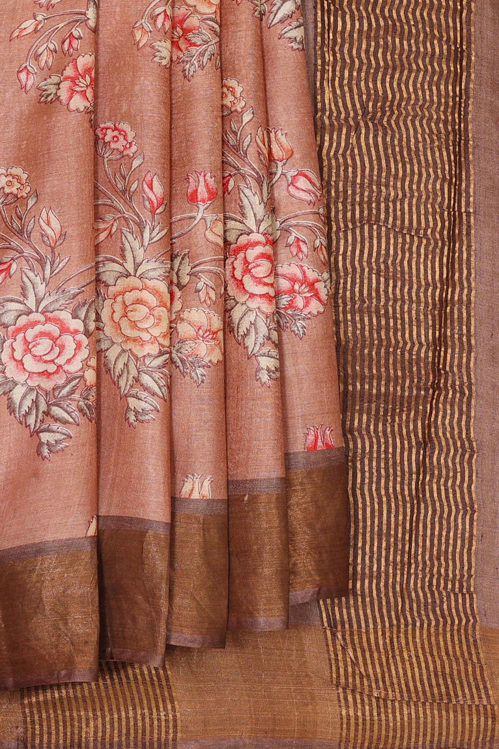 Printed Tussar Silk Dull Peach Saree