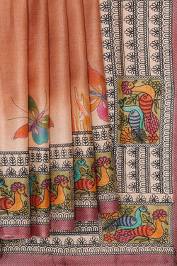 Image of Printed Tussar Silk Dull Peach Saree