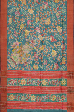 Image of Tussar Silk Peacock Blue Saree