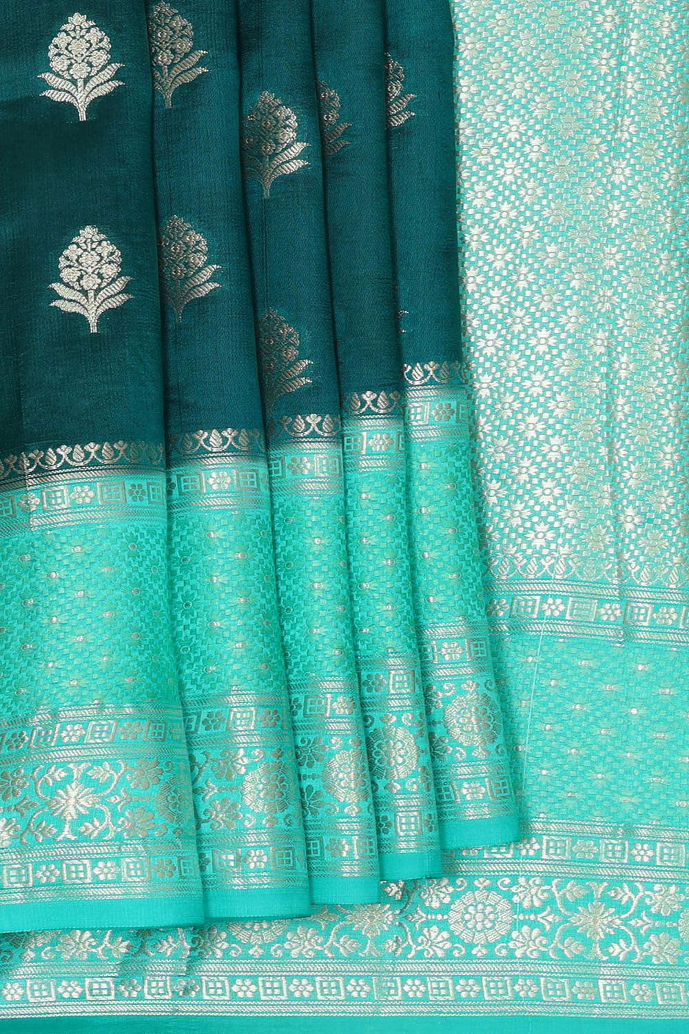 Collection of Banarasi Chiniya Silk Dark Peacock Blue Saree in a gallery layout