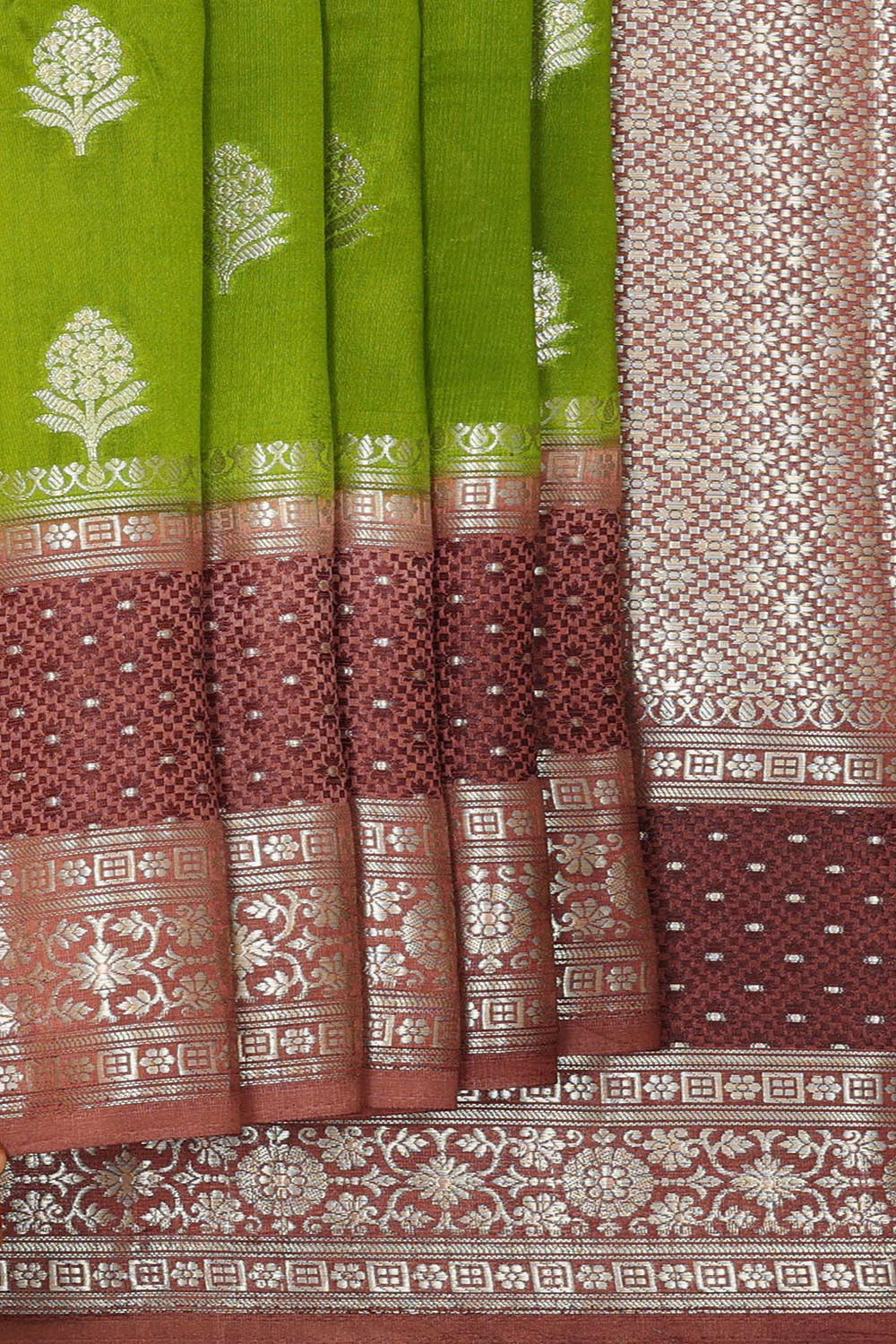 Collection of Banarasi Chiniya Silk Leaf Green Saree in a gallery layout