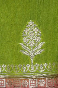 Collection of Banarasi Chiniya Silk Leaf Green Saree in a gallery layout