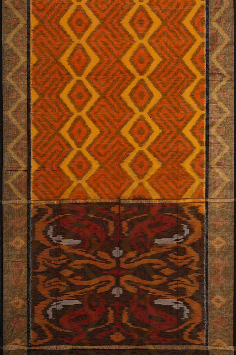 Image of Ikat Silk Cotton Yellow-Red Saree