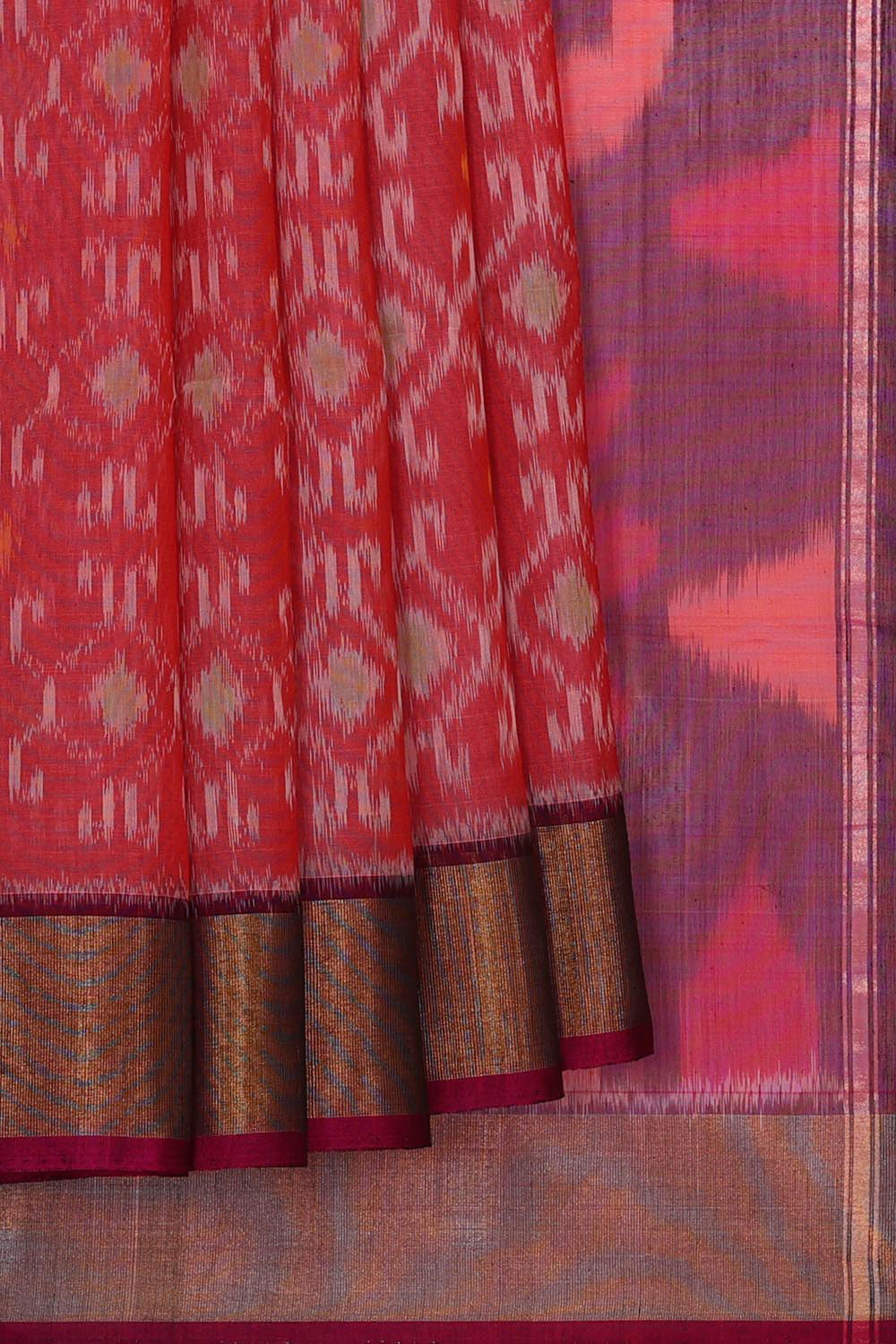 Ikat Silk Cotton Light Red Saree