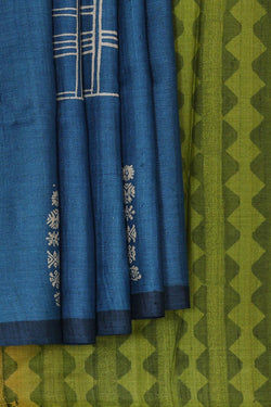 Image of Printed Tussar Silk Dark Blue Saree