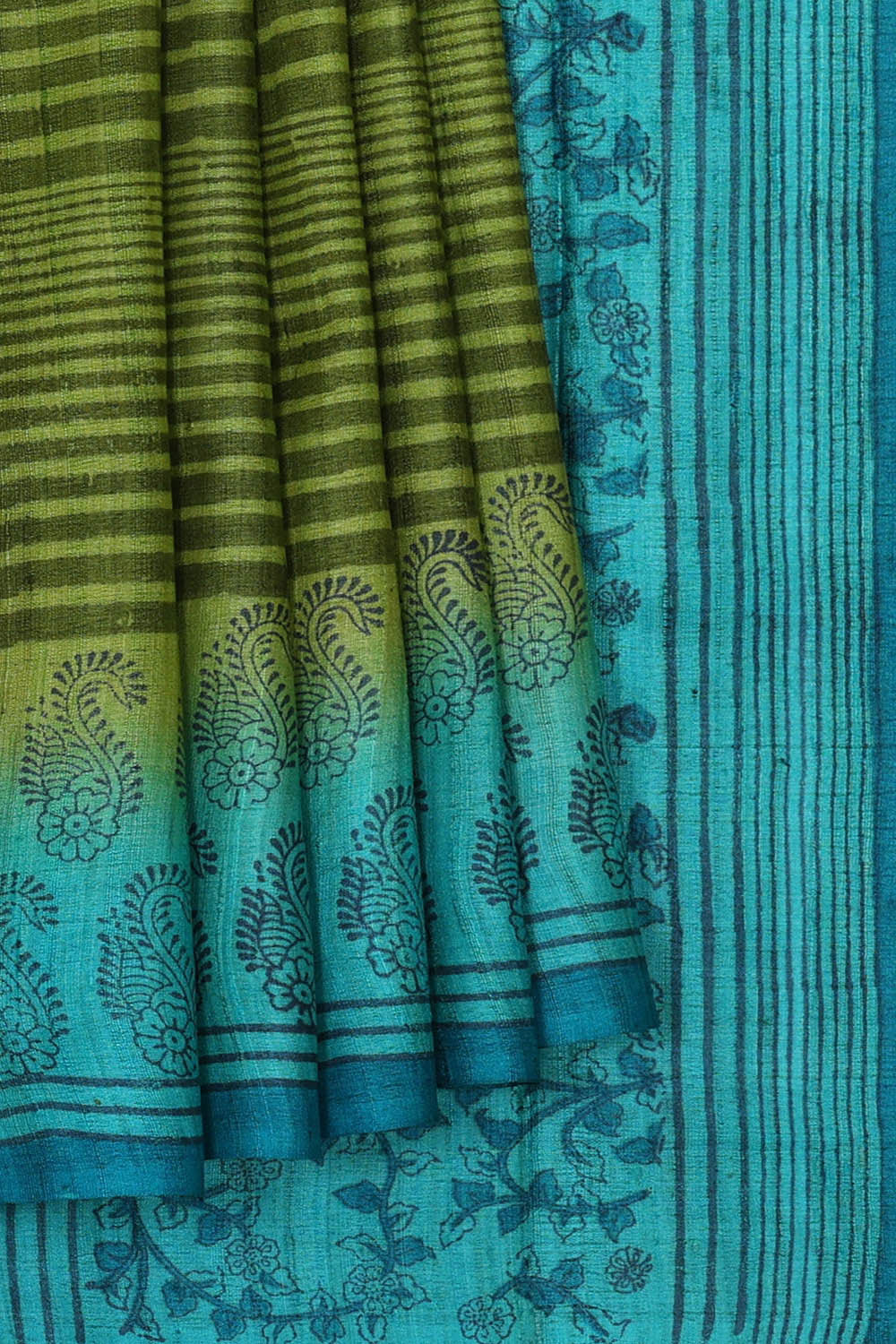 Printed Tussar Golden Green Saree