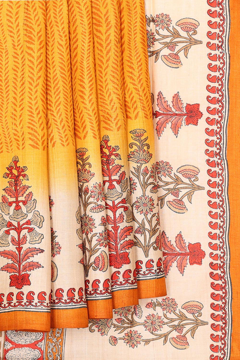 Printed Tussar Silk Mustard Yellow Saree