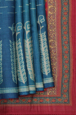 Image of Tussar Silk Dark Blue Printed Saree