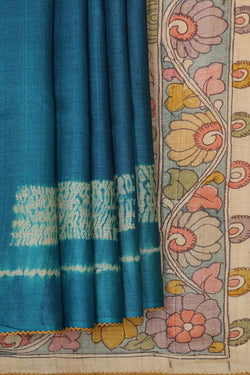 Image of Tussar Silk Peacock Blue Printed Saree