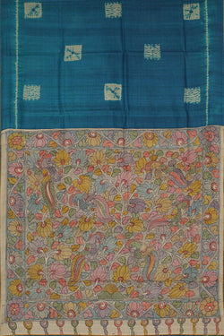 Image of Tussar Silk Peacock Blue Printed Saree