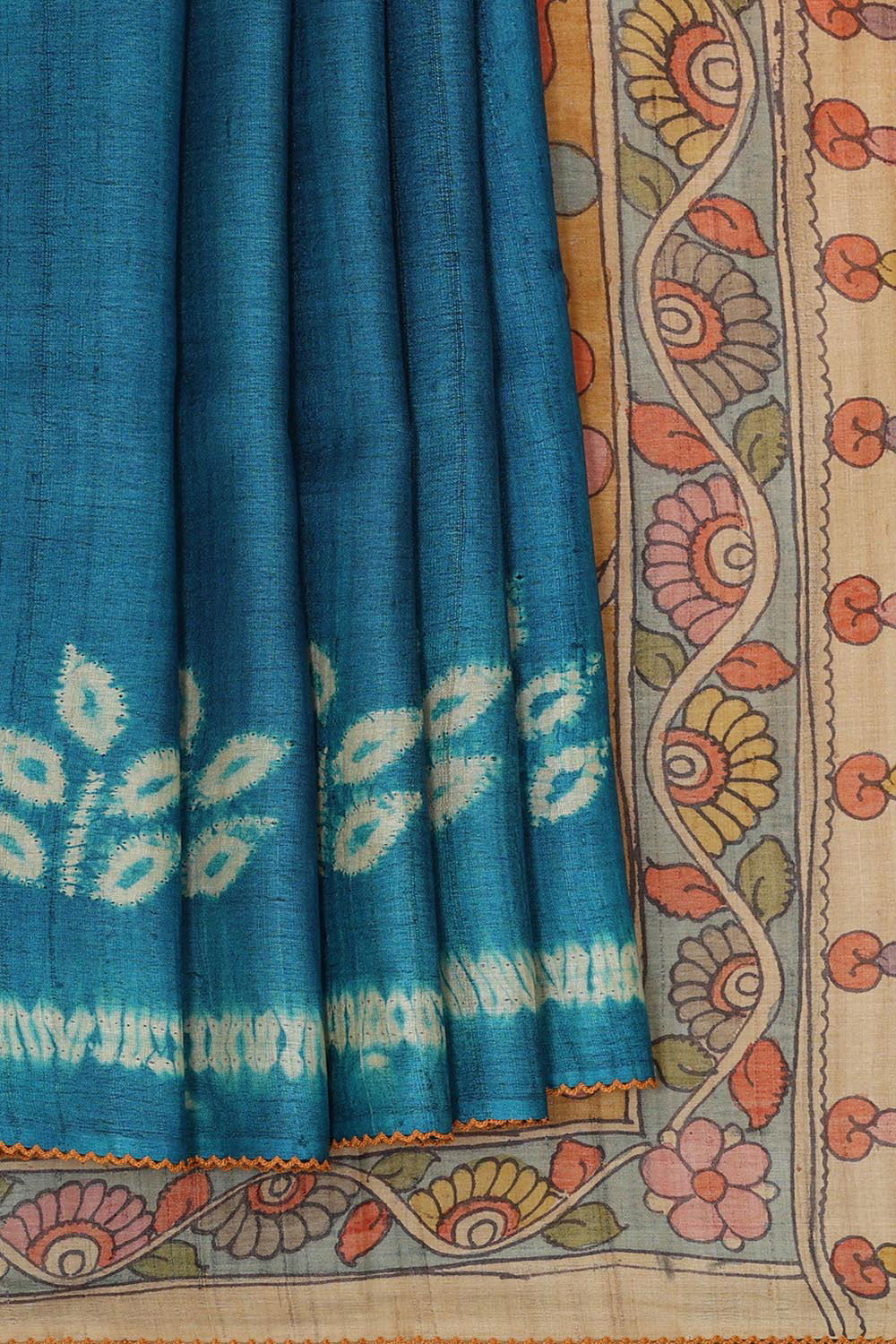 Printed Tussar Silk Peacock Blue Saree