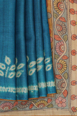 Image of Printed Tussar Silk Peacock Blue Saree