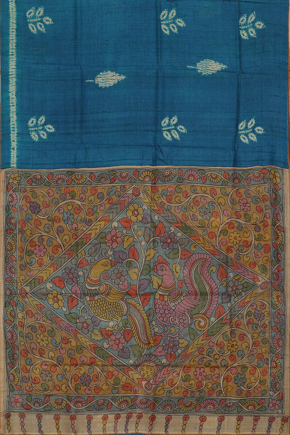 Printed Tussar Silk Peacock Blue Saree