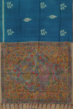 Image of Printed Tussar Silk Peacock Blue Saree