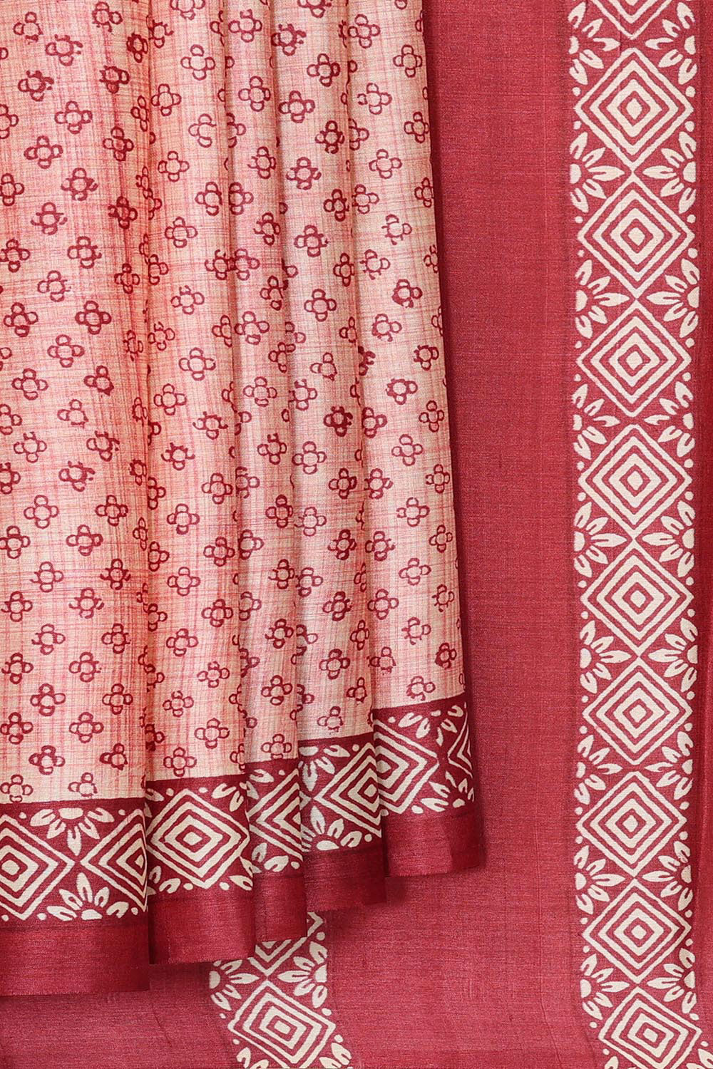 Printed Tussar Silk Reddish Cream Saree