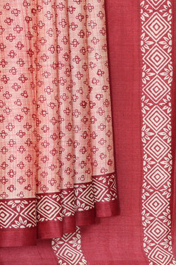 Image of Printed Tussar Silk Reddish Cream Saree