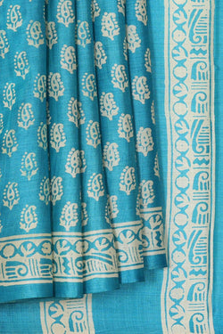 Image of Printed Tussar Silk Ocean Blue Saree