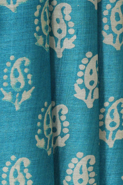 Image of Printed Tussar Silk Ocean Blue Saree