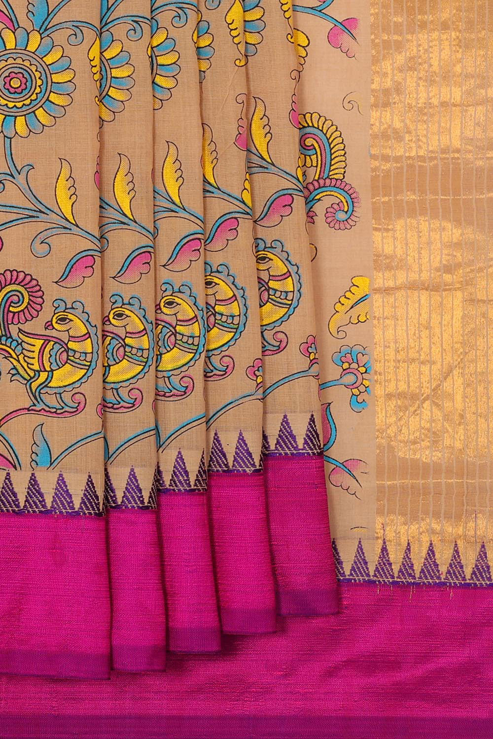 Cotton Kalamkari Printed Dark Cream Saree