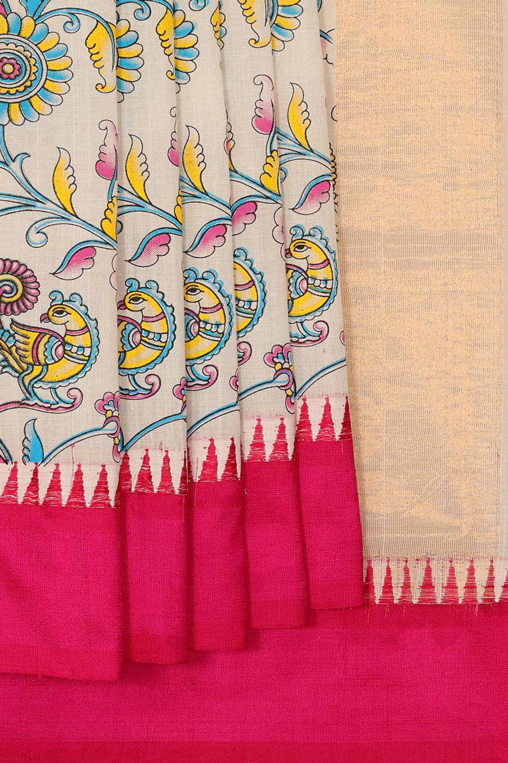 Cotton Kalamkari Printed Cream Saree