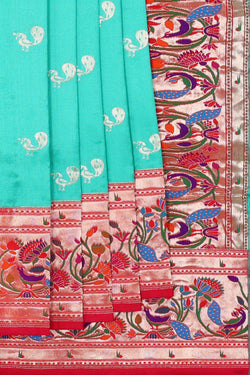 Collection of Paithani Silk Turquoise Blue Saree in a gallery layout