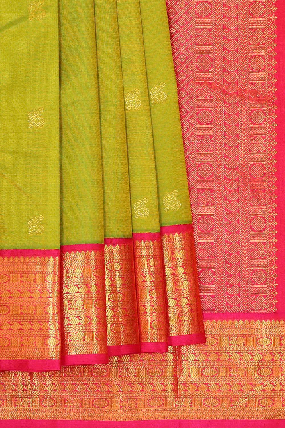 Collection of Arani Silk Parrot Green Saree in a gallery layout